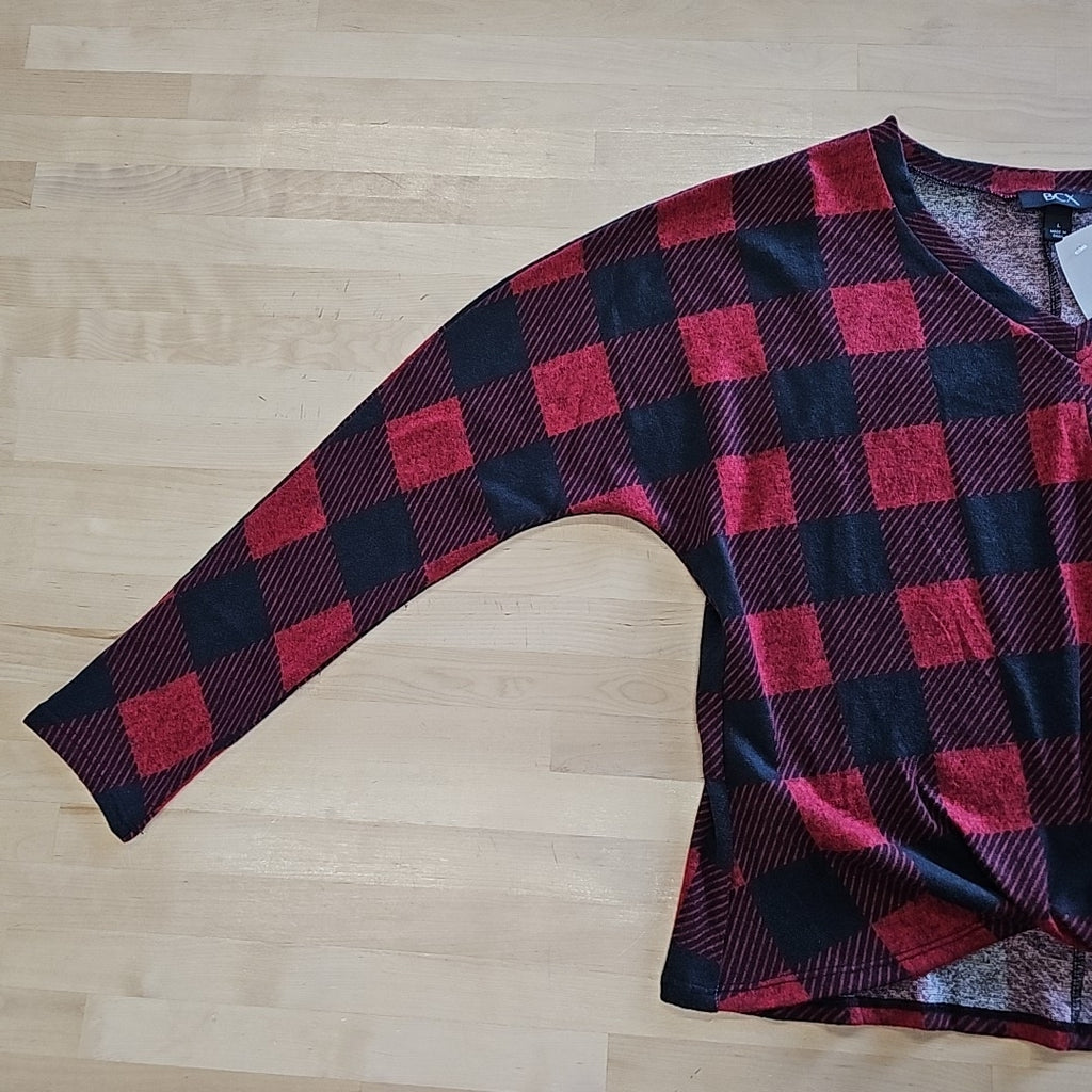 Bxc Juniors' Buffalo Check Twist-Front Dolman-Sleeve Top - Pat N