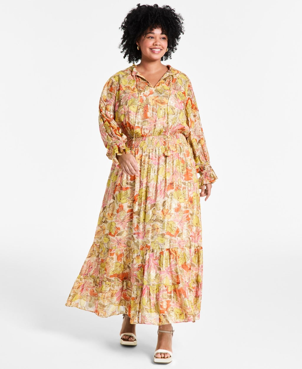 Vince Camuto Plus Size Smocked-Waist Floral Maxi Dress - Crushed Orange