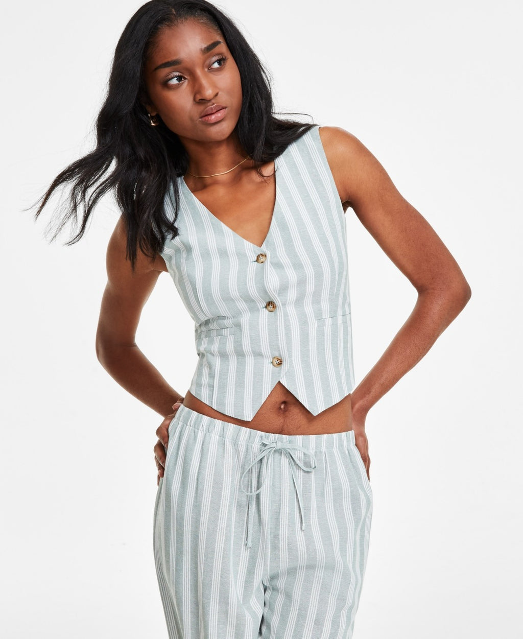 Hippie Rose Juniors' Sleeveless Linen Vest - Oregano Stripe