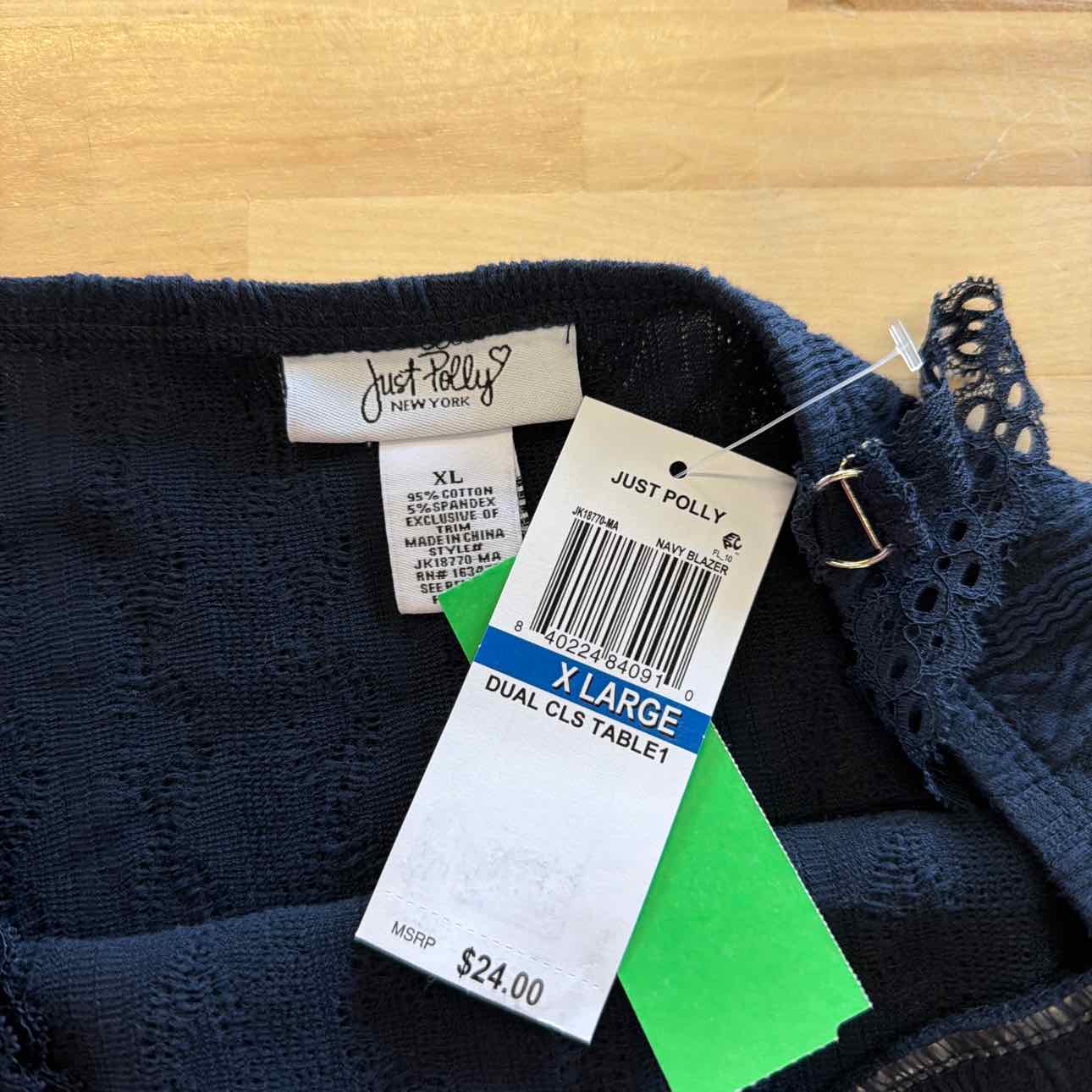 Just Polly Size XL Textured-Knit Lace-Trim Cami Top - Navy
