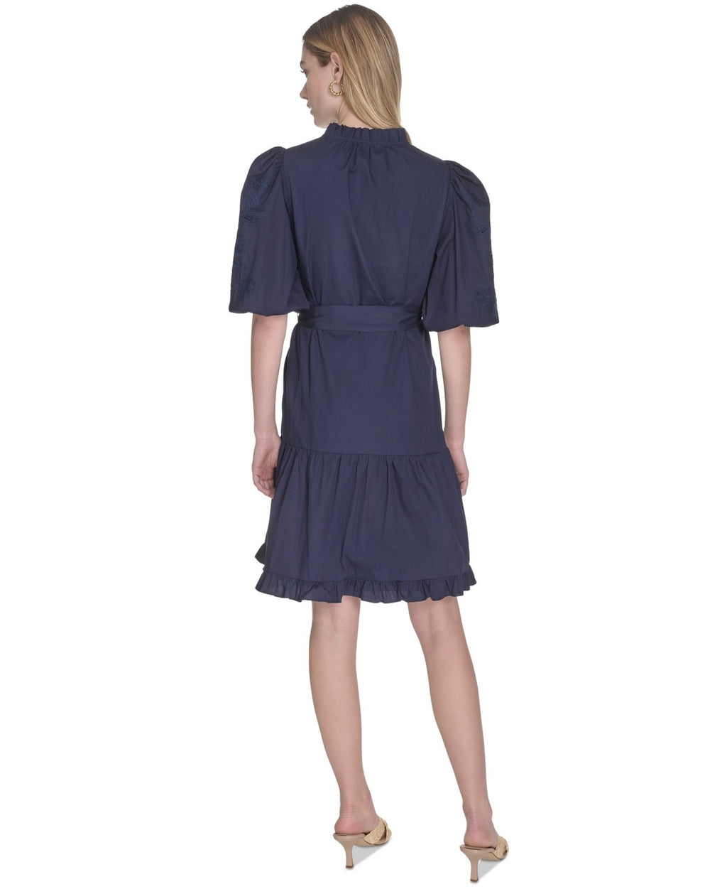 Vince Camuto Size 6 Split-Neck Elbow-Sleeve Cotton Dress - Navy