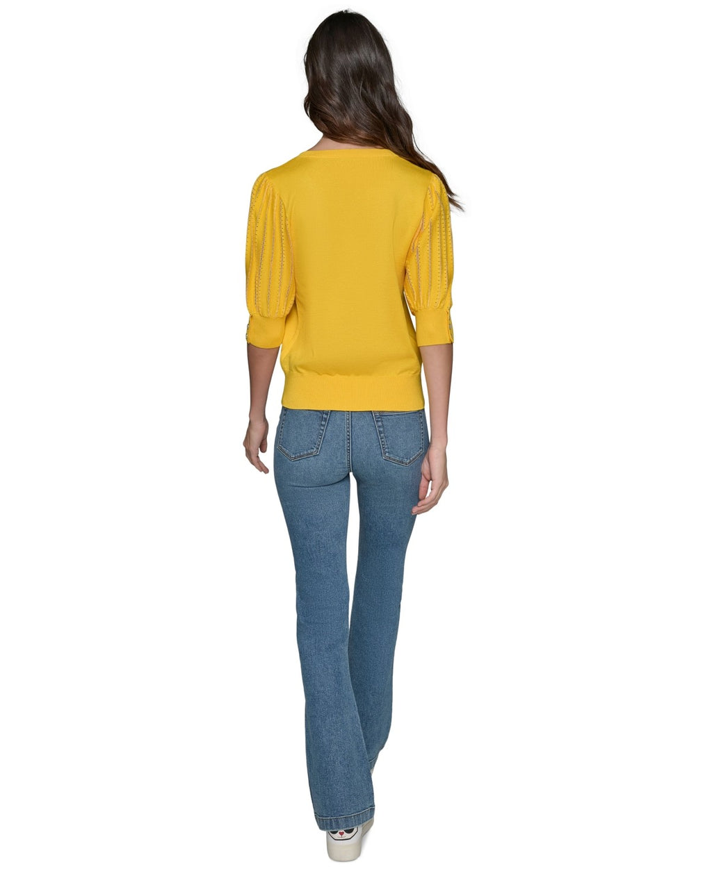 Karl Lagerfeld Paris Women's Puffed-Sleeve V-Neck Sweater - Daffodil