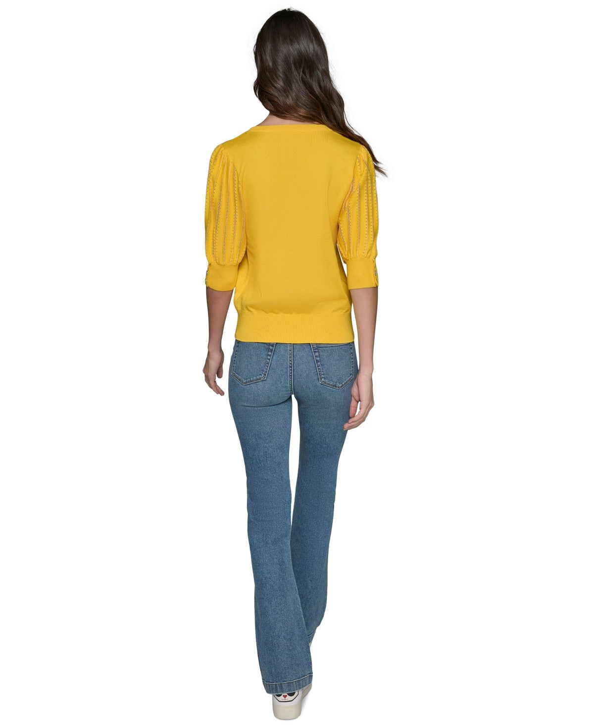 Karl Lagerfeld Paris Women's Puffed-Sleeve V-Neck Sweater - Daffodil