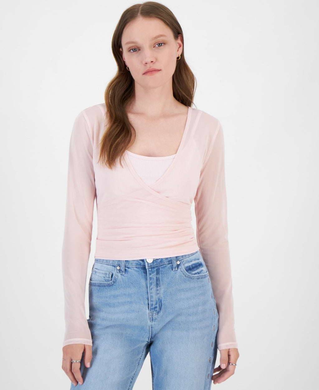 Ultra Flirt Juniors' Mesh Surplice-Neck Long-Sleeve