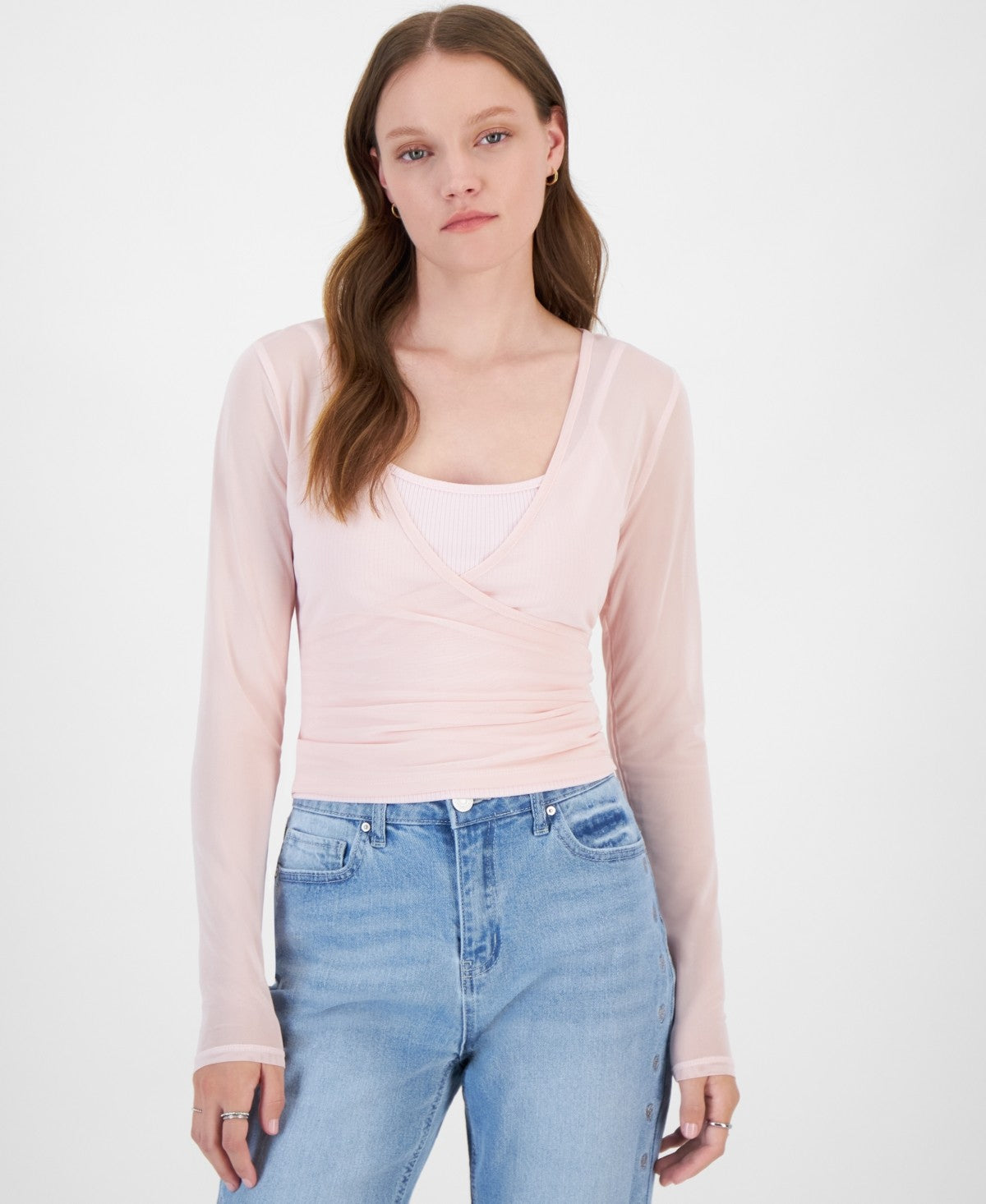 Ultra Flirt Juniors' Mesh Surplice-Neck Long-Sleeve