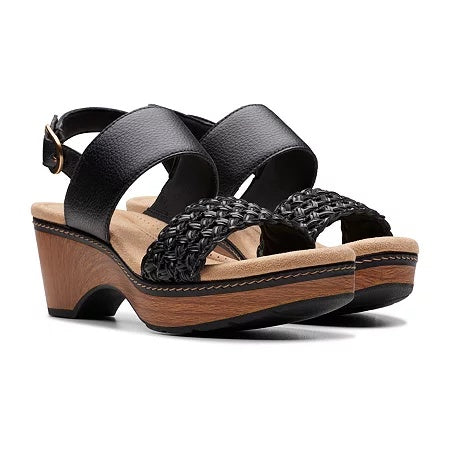 Clarks Size 8 Seannah Step Woven Strap Clog-Style Platform Sandals - Black Combi