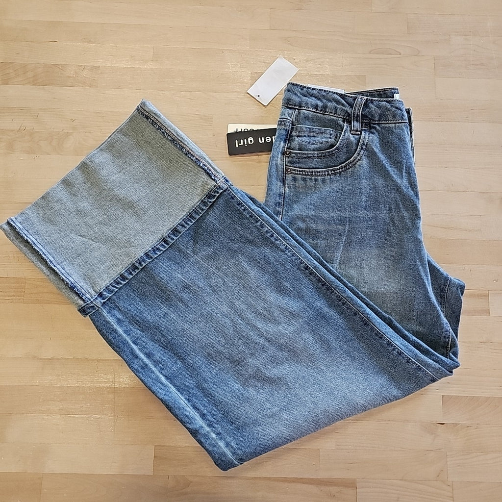 Madden Girl Juniors' High-Rise Slouchy Wide-Leg Cuffed Jeans - Medium Wash - 5