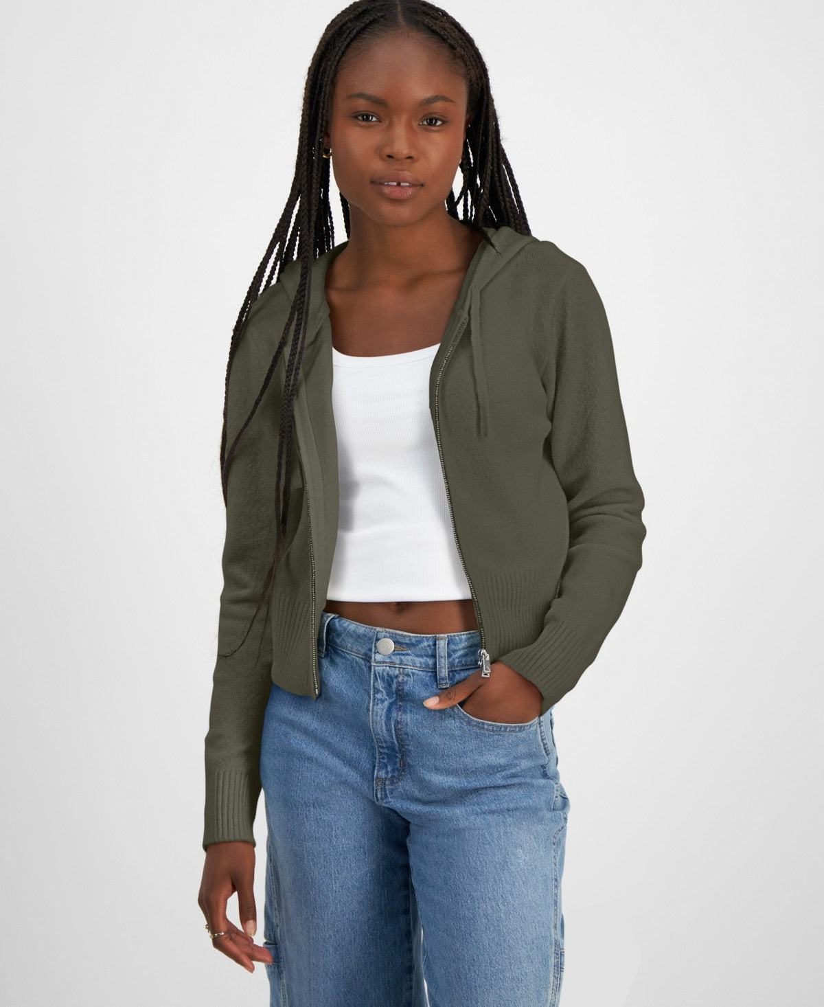 Ultra Flirt Juniors' Full-Zip Hoodie Sweater - Ivy Green
