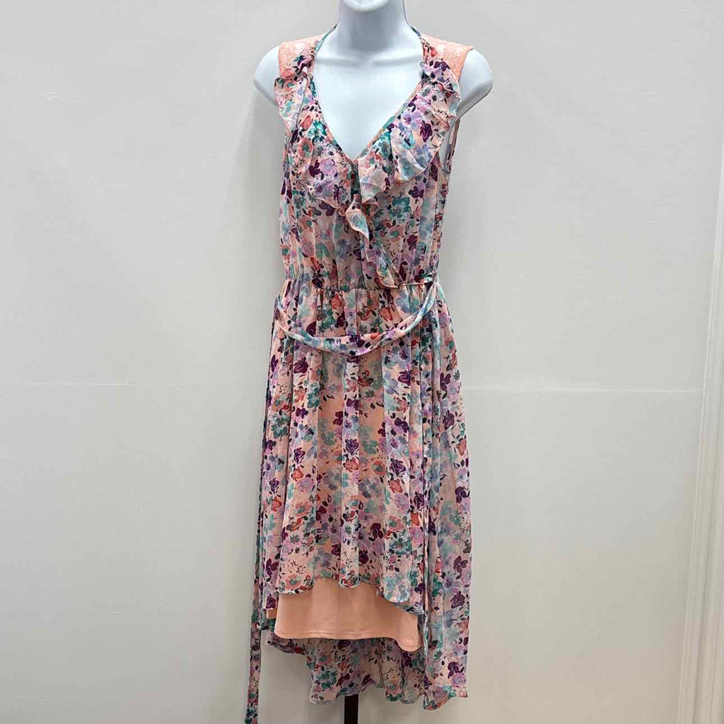 CeCe Size L Pink Printed V-Neck MIDI Dress