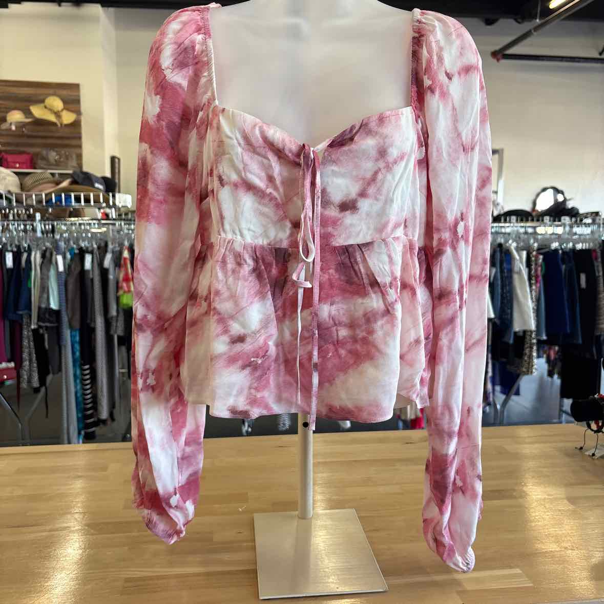 Lucy Paris Size S Pink Print Tie-Dye Bishop Sleeve Cropped  Blouse NWT