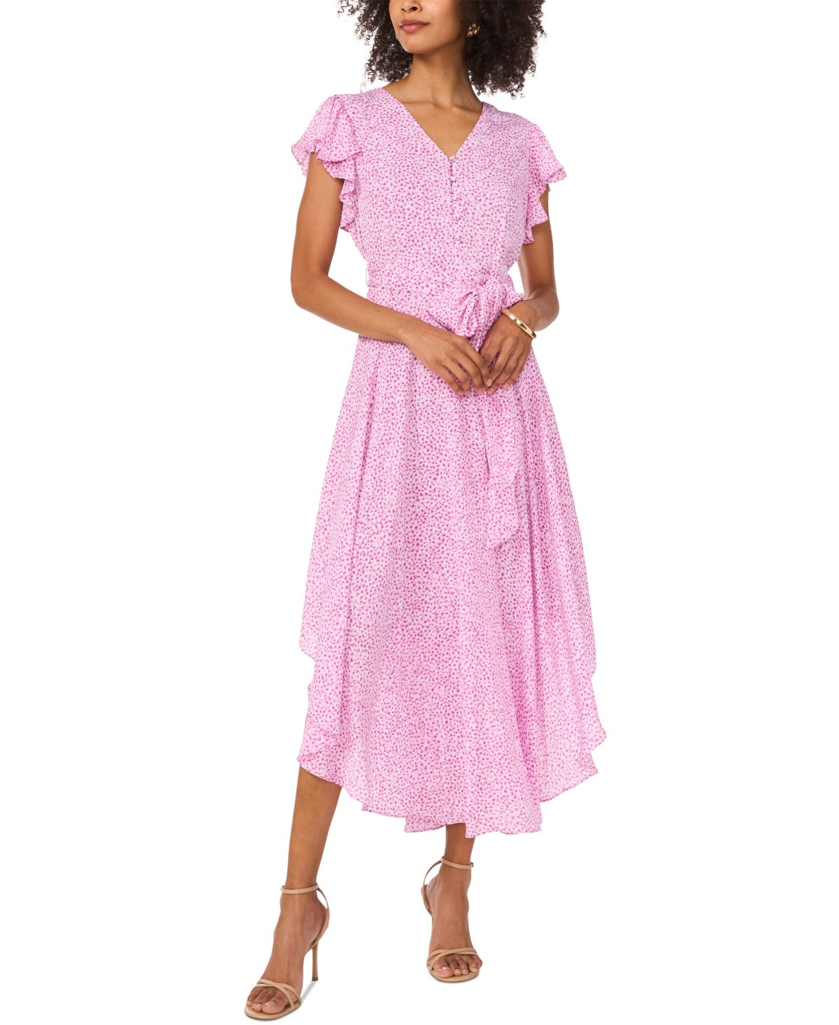 Vince Camuto Size L Printed Flutter-Sleeve Handkerchief Dress - Violet Blush