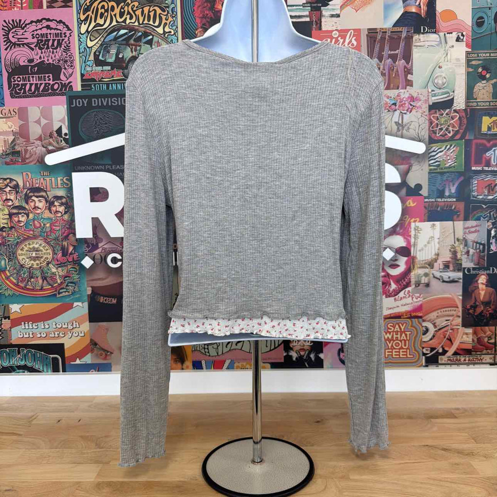 Just Polly Size XL Layered-Look Long Sleeve Cardigan - Grey Ditsy