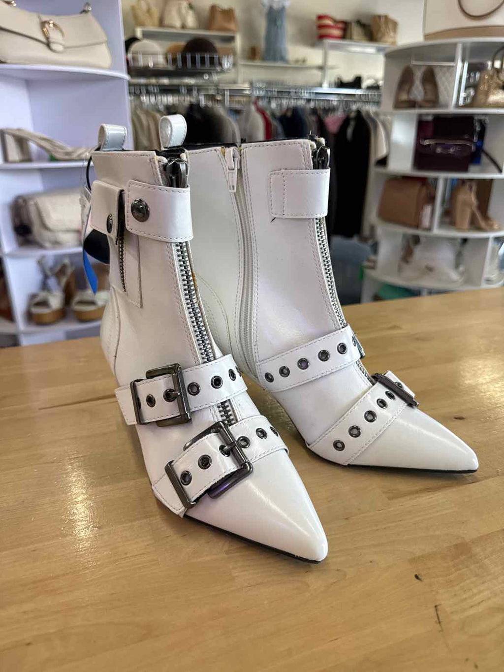 Wild Pair Moonbeam Buckle Booties - White Crinkle - Size 5