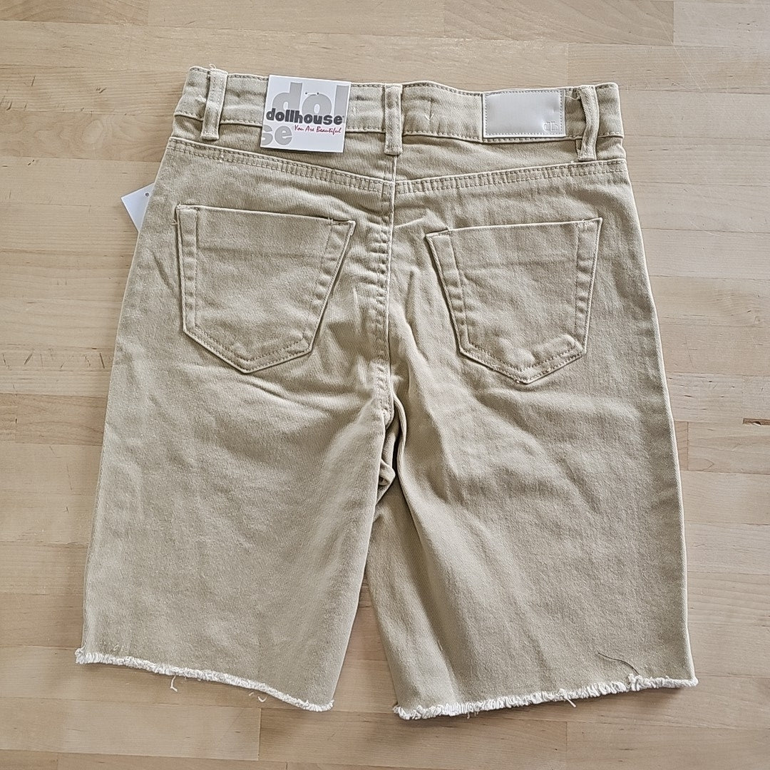 Dollhouse Juniors' High-Rise Frayed Bermuda Shorts - Tan - 1/2