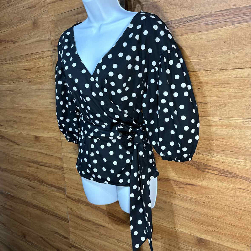 White House Black Market Size S Black White Polka Dot Wrap Blouse