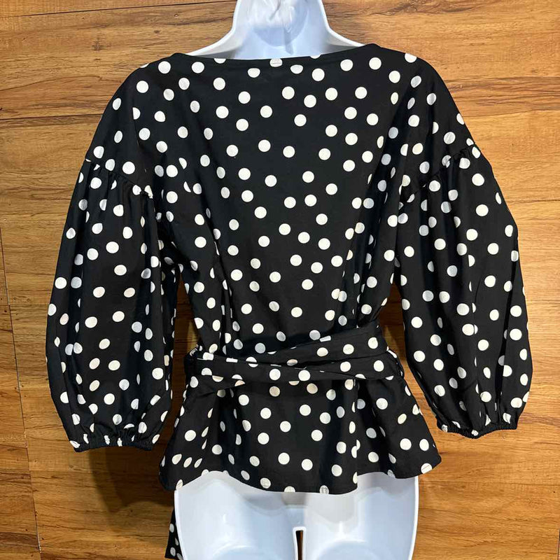 White House Black Market Size S Black White Polka Dot Wrap Blouse