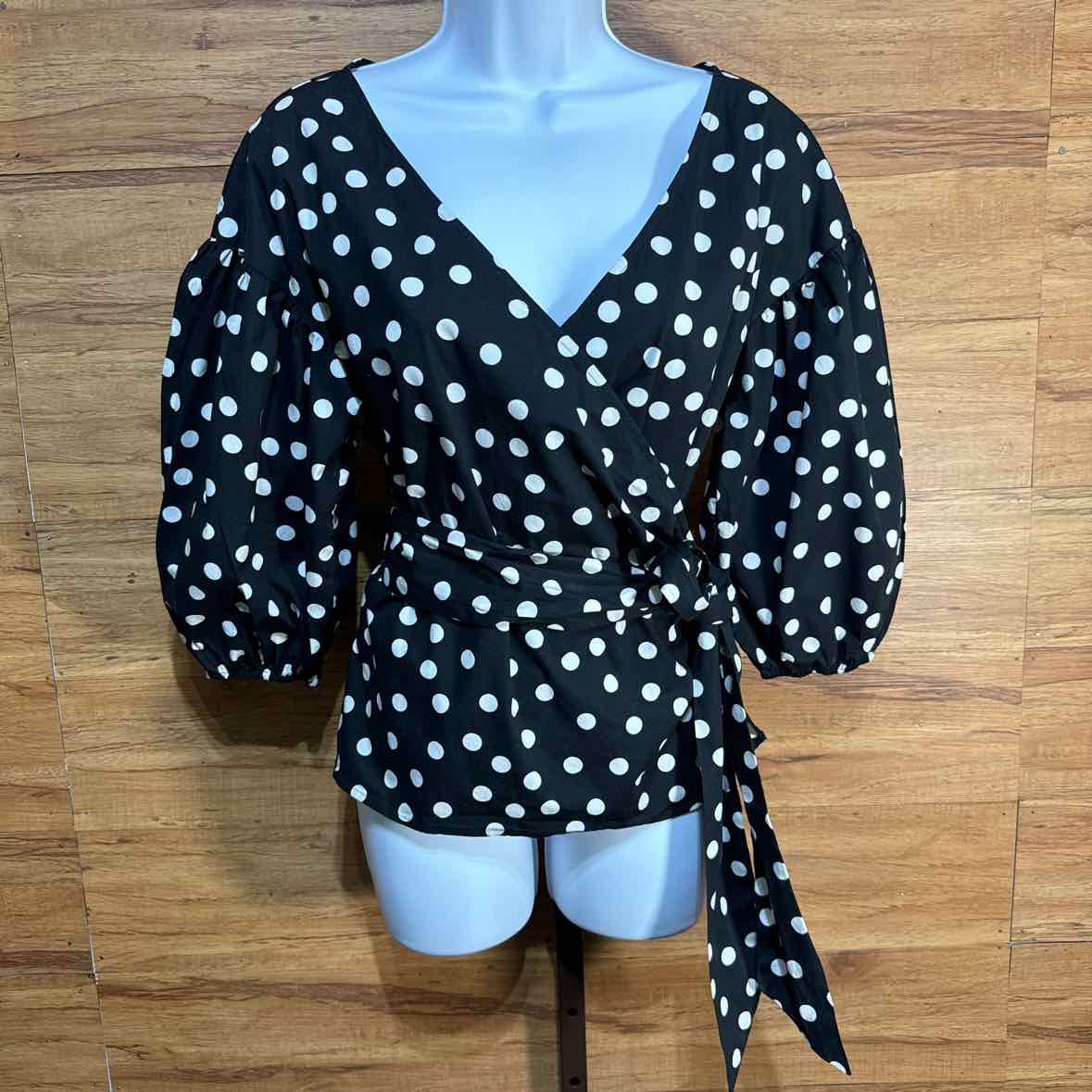 White House Black Market Size S Black White Polka Dot Wrap Blouse