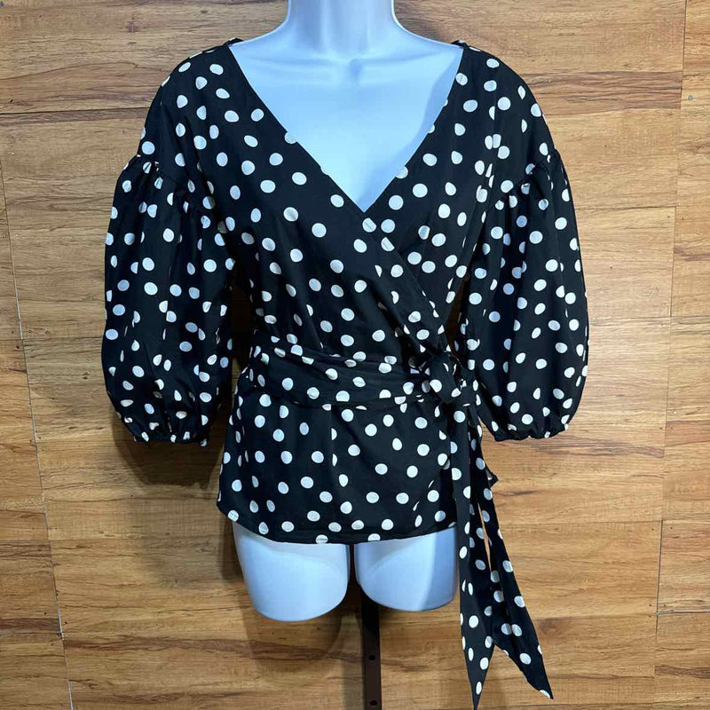 White House Black Market Size S Black White Polka Dot Wrap Blouse